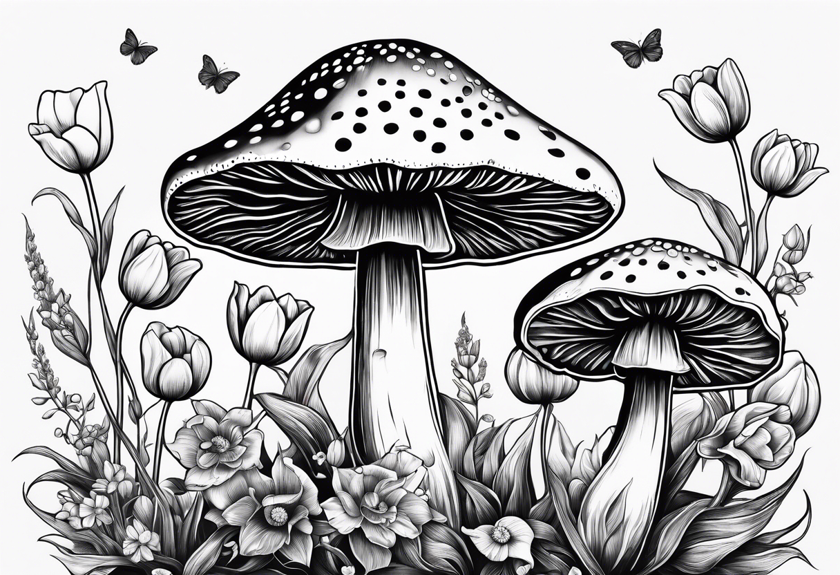 Amanita mushrooms, plants, tulips, serotonin symbol, semicolon tattoo idea