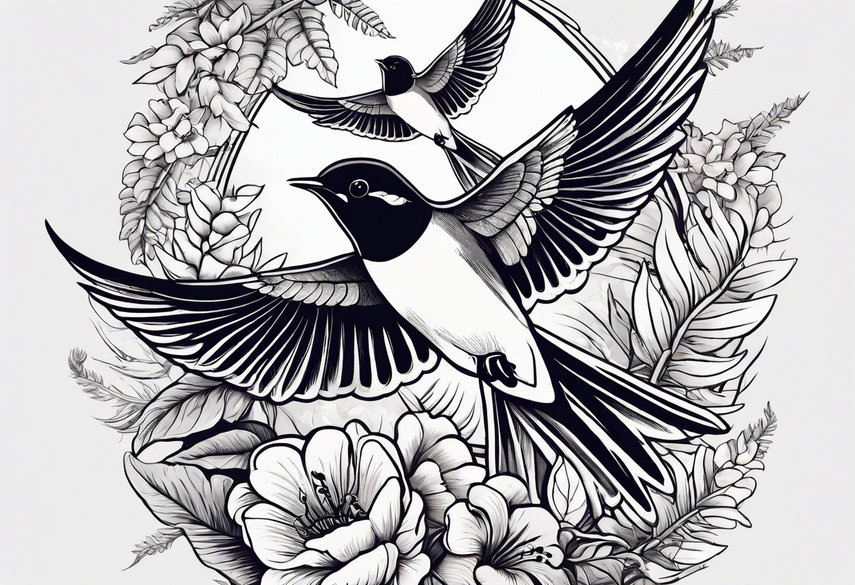 Swallow birds and floral background with ferns tattoo idea