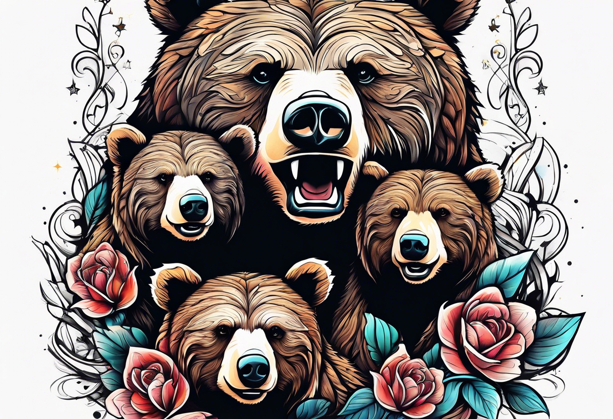 momma bear with 3 cubs tattoo idea