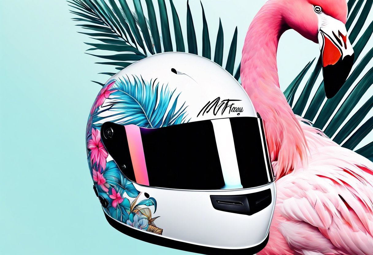 formula 1 helment with a palm tree a flamingo and black light blue and pink colors tattoo idea