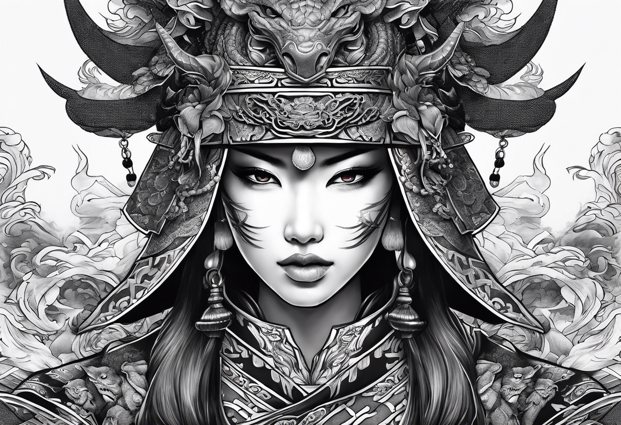 female warrior in samurai clothing half covering her face with a mask and twin dragons tattoo idea