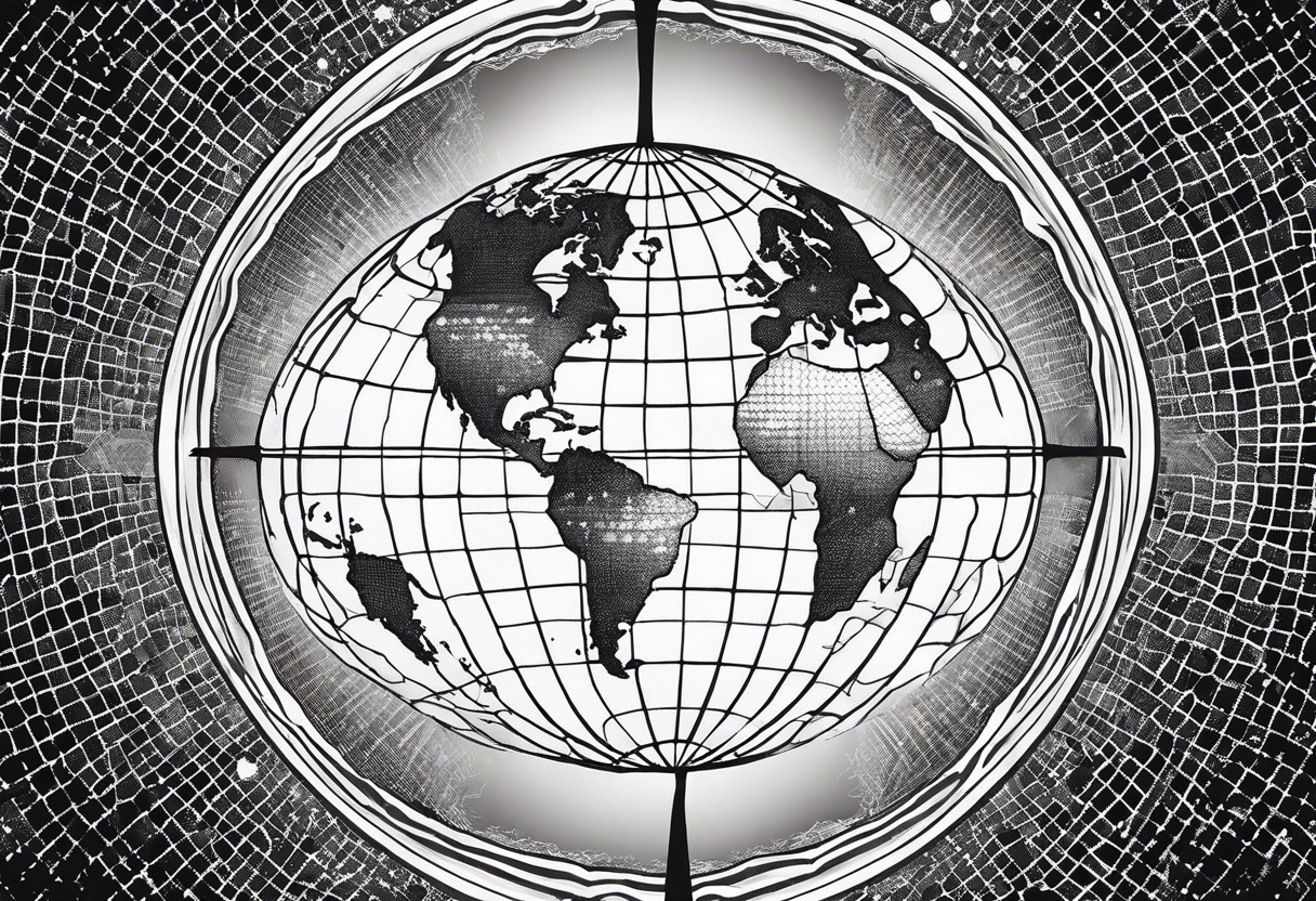 a flat map of the earth on a small fading grid in the shape of a circle tattoo idea