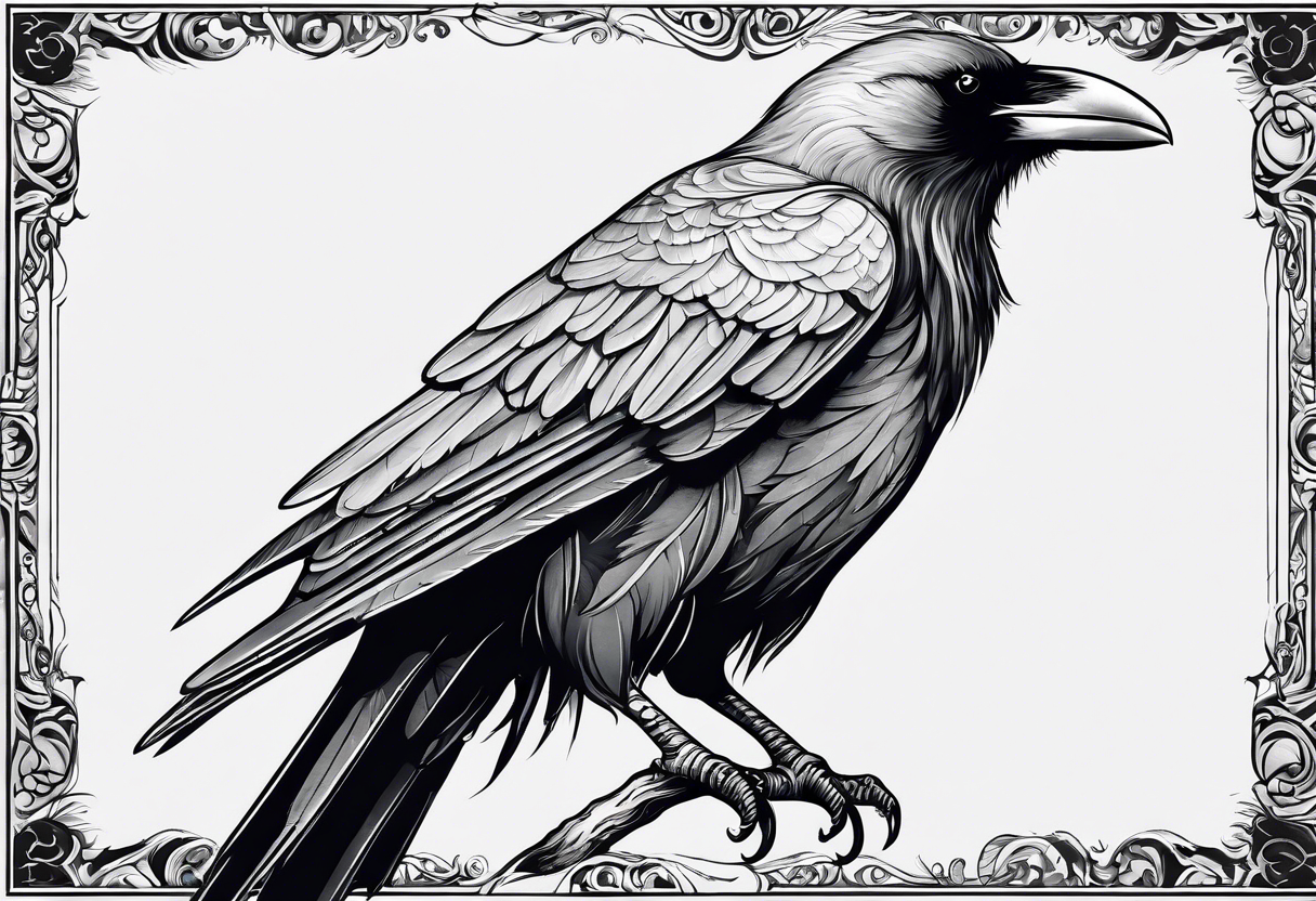 Stading raven with tongue out, blank eyes and long tail wings tattoo idea