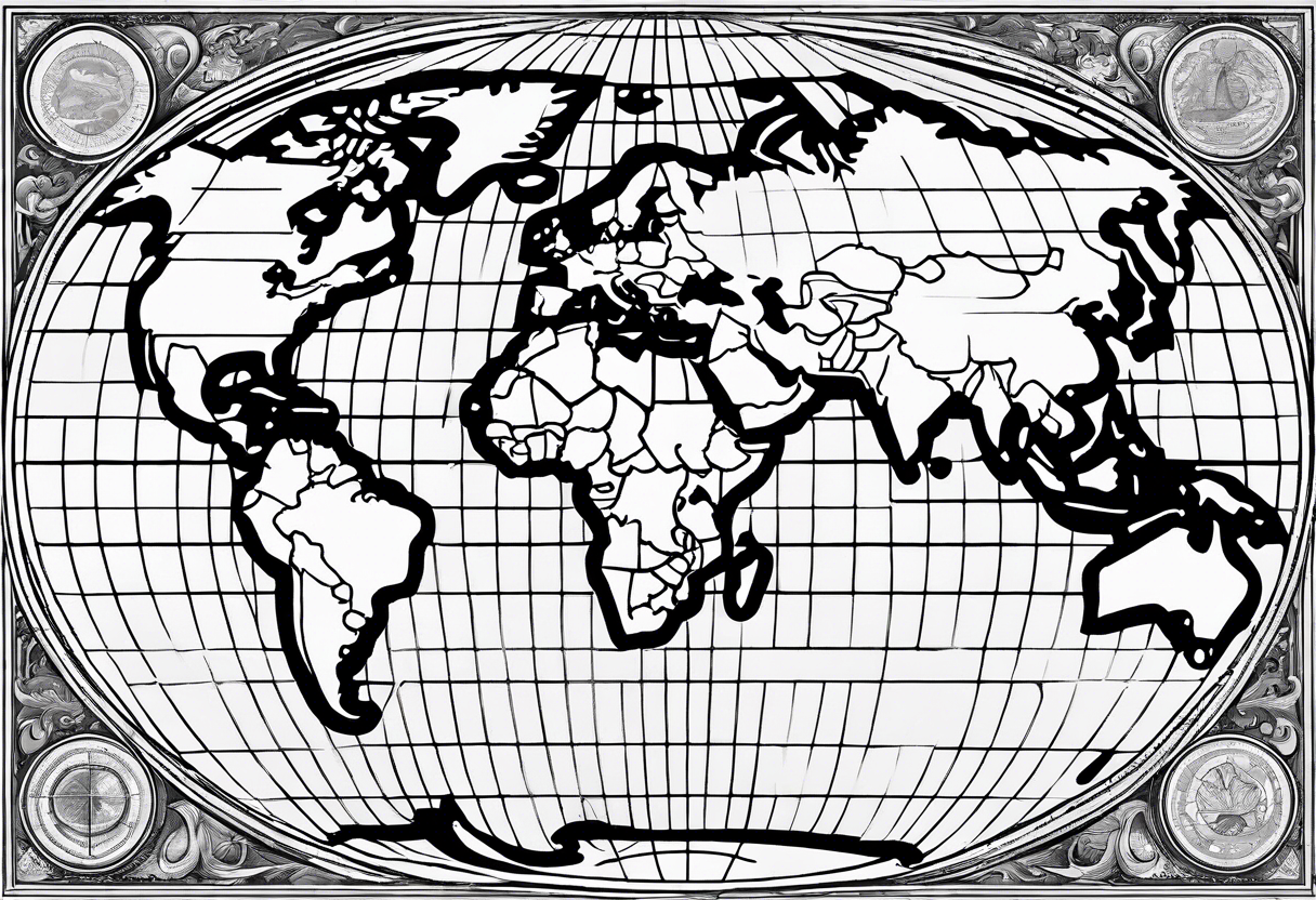 the earth with a flat map design without borders with very light shading placed on a grid tattoo idea