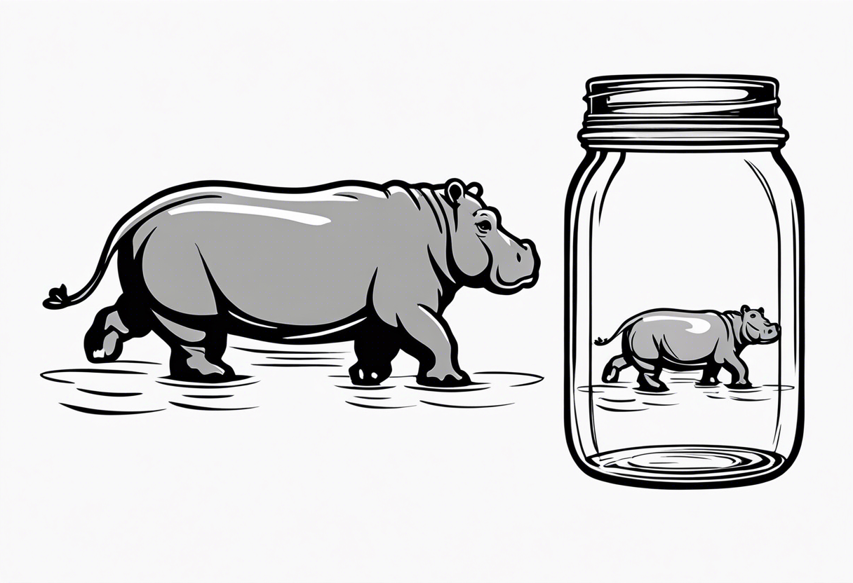 Hippo floating in a Mason jar filled with water tattoo idea