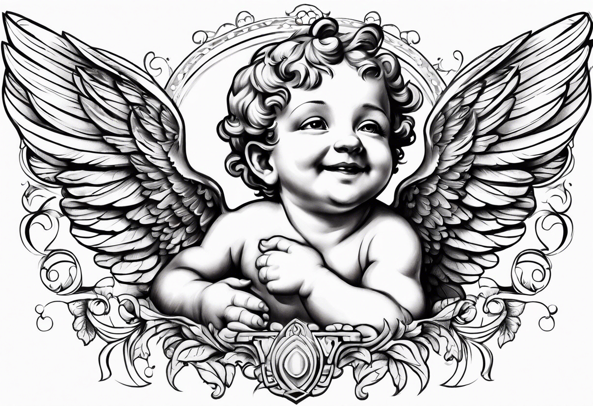 one putti with wings smiling vertical tattoo idea