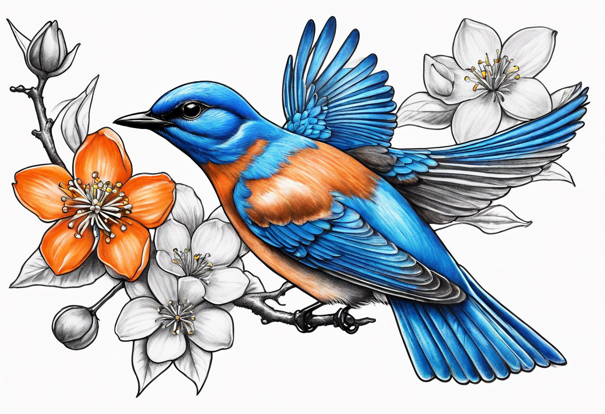 realistic bluebird flying off of branch with orange blossoms tattoo idea