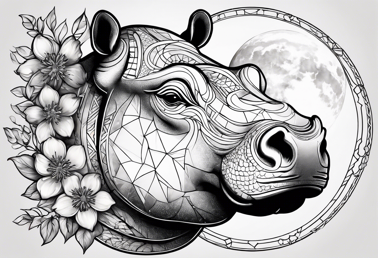 A symbolic hippo head with a detailed realistic full moon on upper right corner and wintersweet flower on lower left corner, looking like a totem tattoo idea