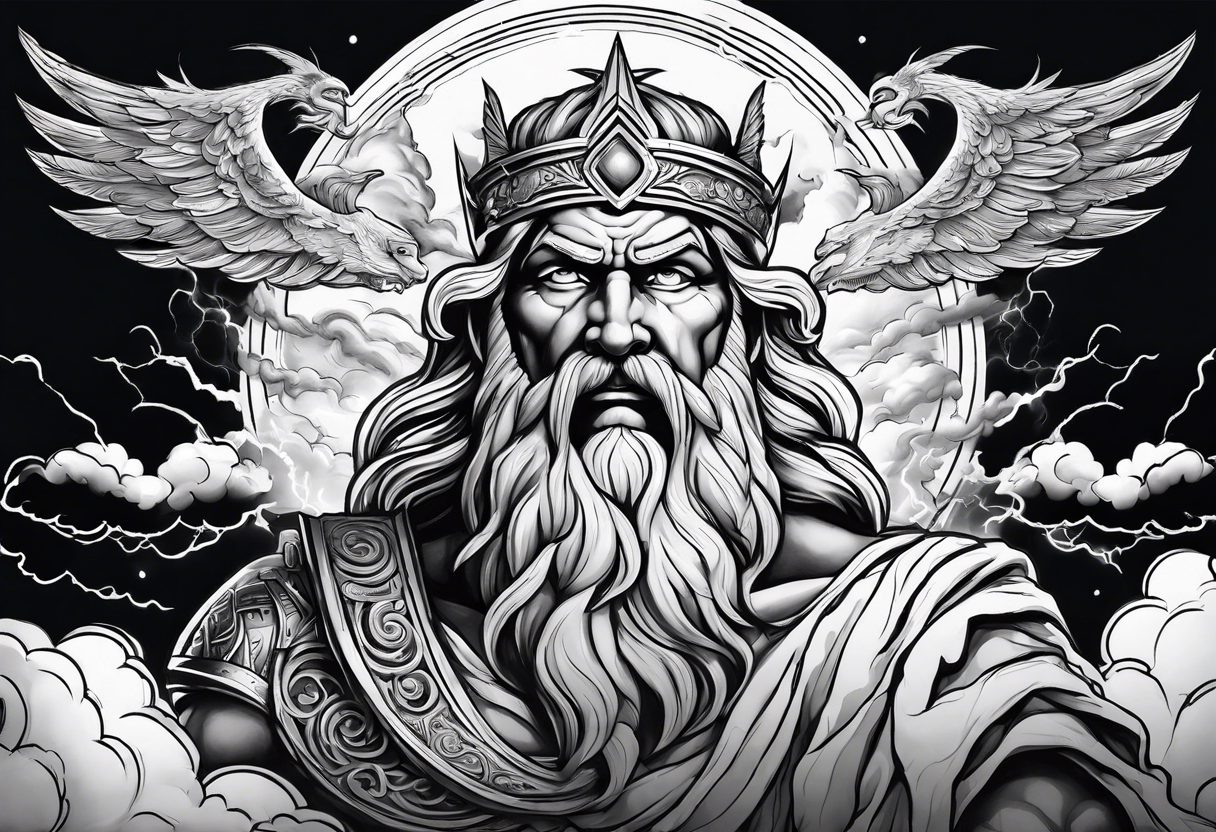 Zeus with a lightning bolt on clouds and Hades in hell below tattoo idea