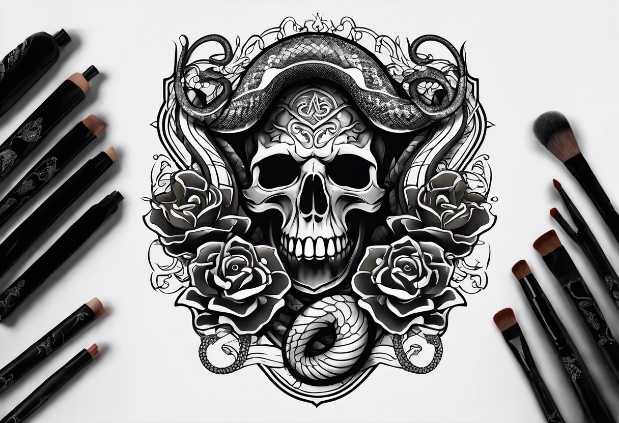 snake sleeve tattoo with skull, snake as focal point, with the word Hydra on it tattoo idea