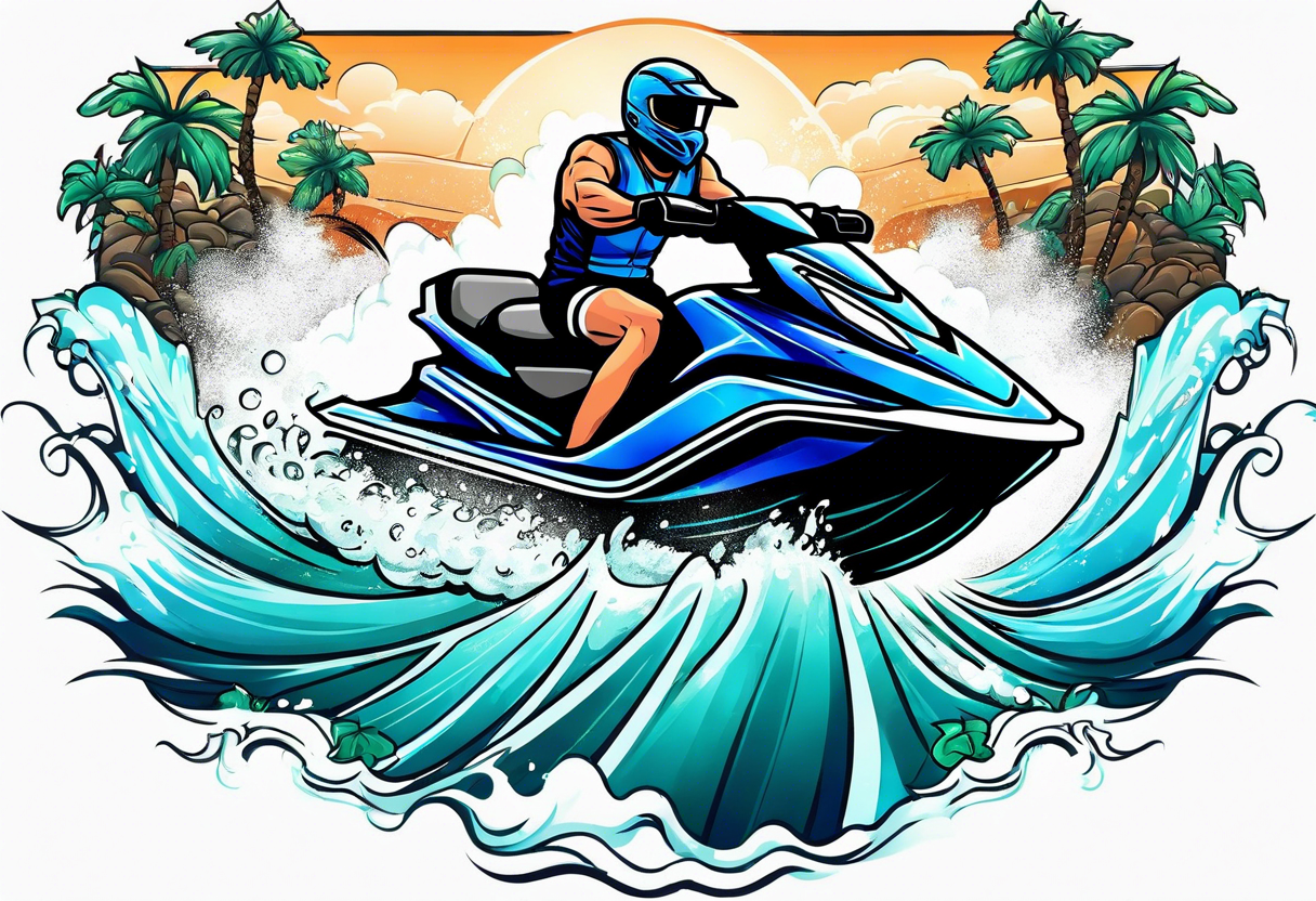 jay is a big irish man with three arms riding a jet ski tattoo idea