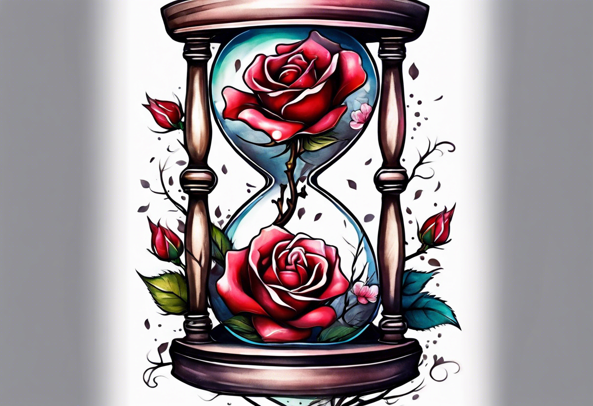 Rose on hourglass with sakura tree inside tattoo idea
