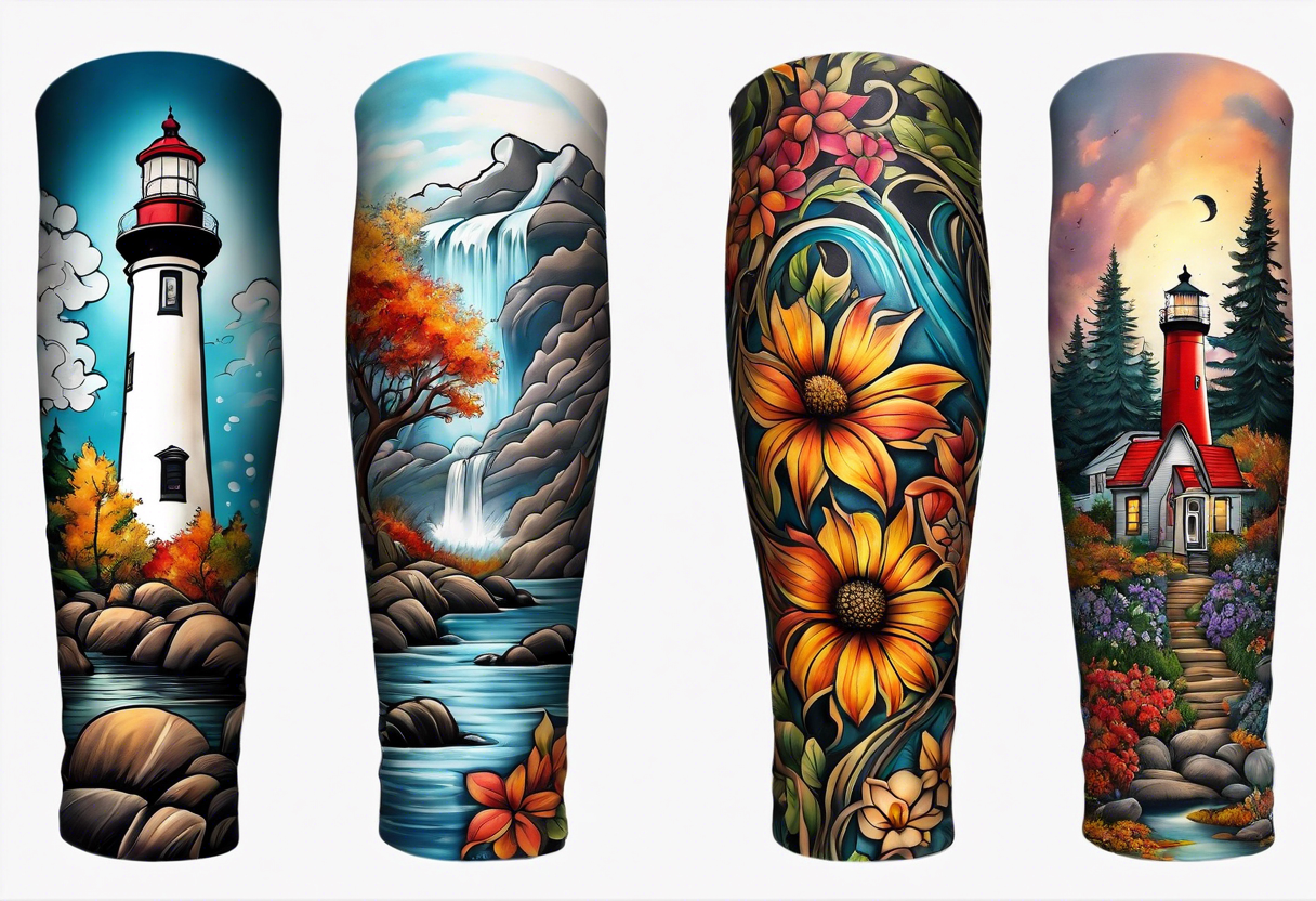 Arm sleeve with fall colors, various flowers, water flow shapes, water splash, light house tattoo idea