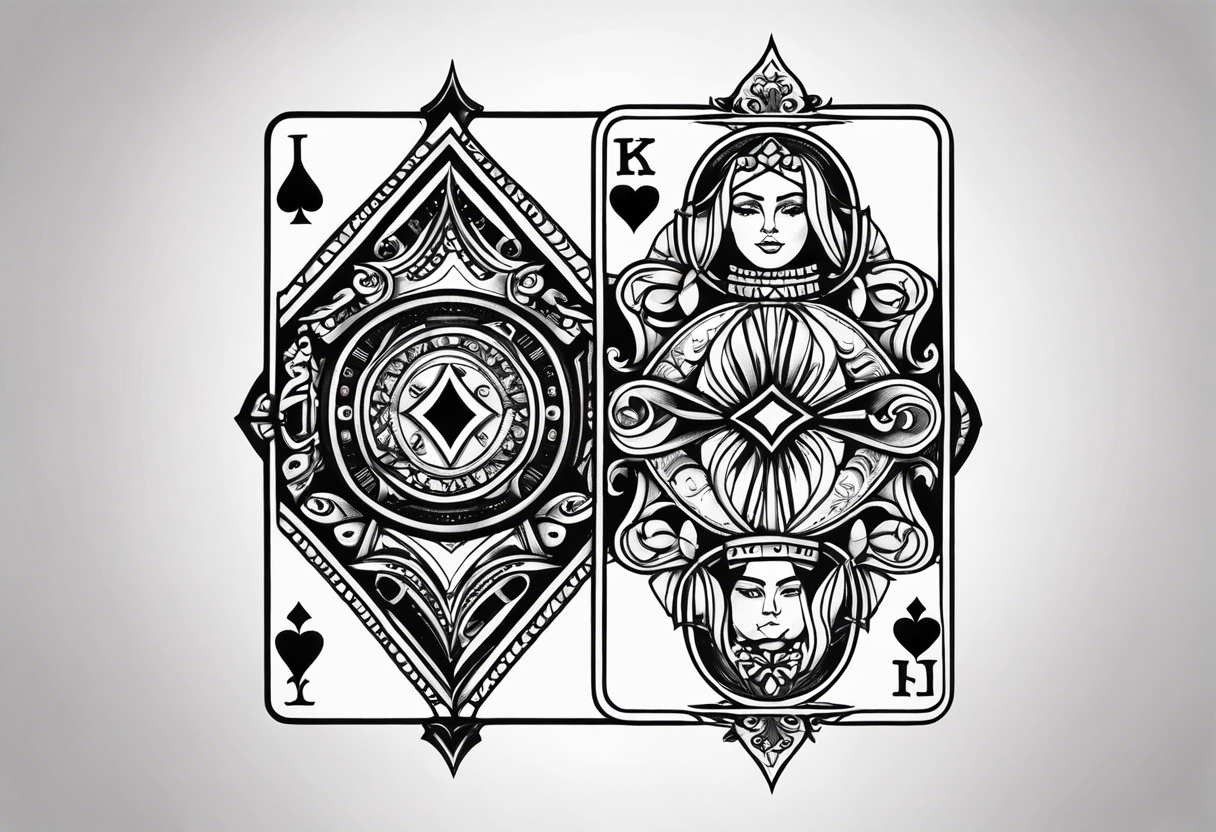 one playing card with both queen of hearts and king of spades incorporated in extreme minimalistic  style tattoo idea