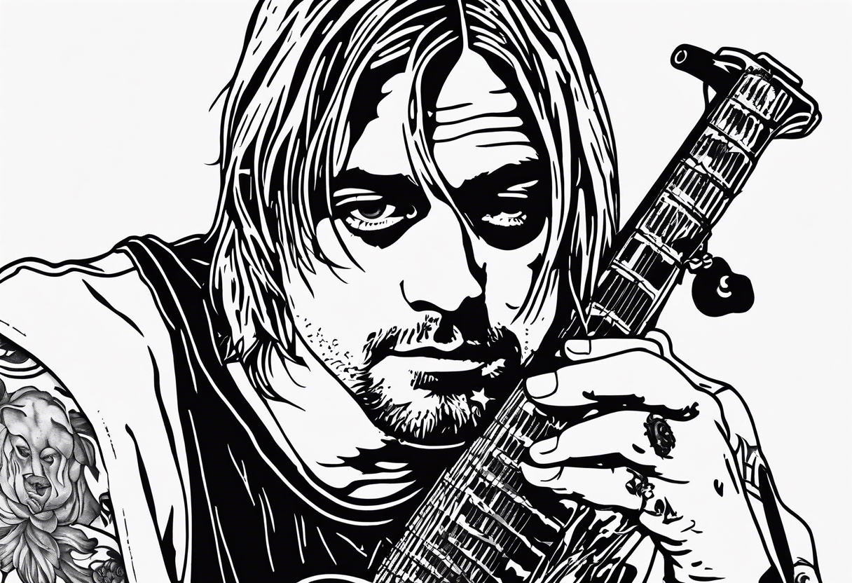 Kurt Cobain, slipping on a banana pill with a heroin needle in his arm, and a shotgun in the other arm tattoo idea