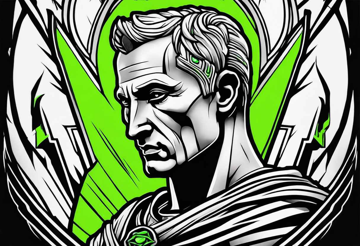 Julius Caesar tattoo with streaks of neon green lightning in the background tattoo idea