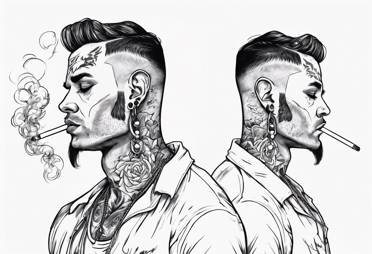 A man standing full-length, smoking a cigarette, with earrings in his ears, no headgear tattoo idea