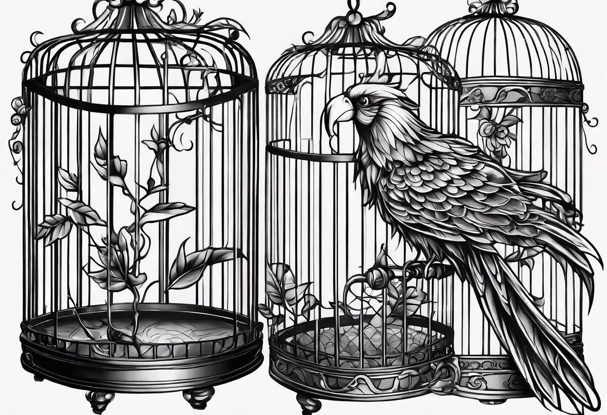 neo traditional decoration only on the left side, on the top of a long bird cage with a too big bird in it. tattoo idea