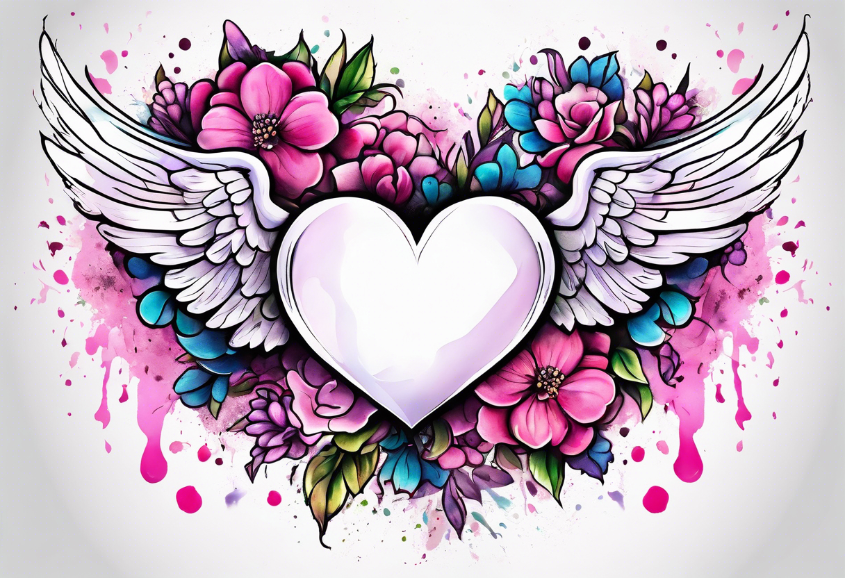 Flowers around a heart with angel wings with pink splatter water color background tattoo idea