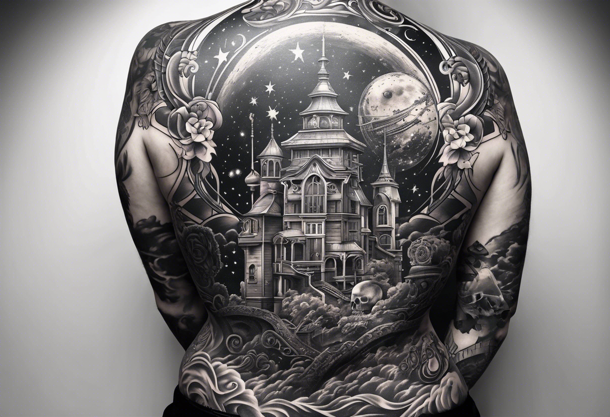 Back and sleeve tattoo including chemistry skulls roller coaster