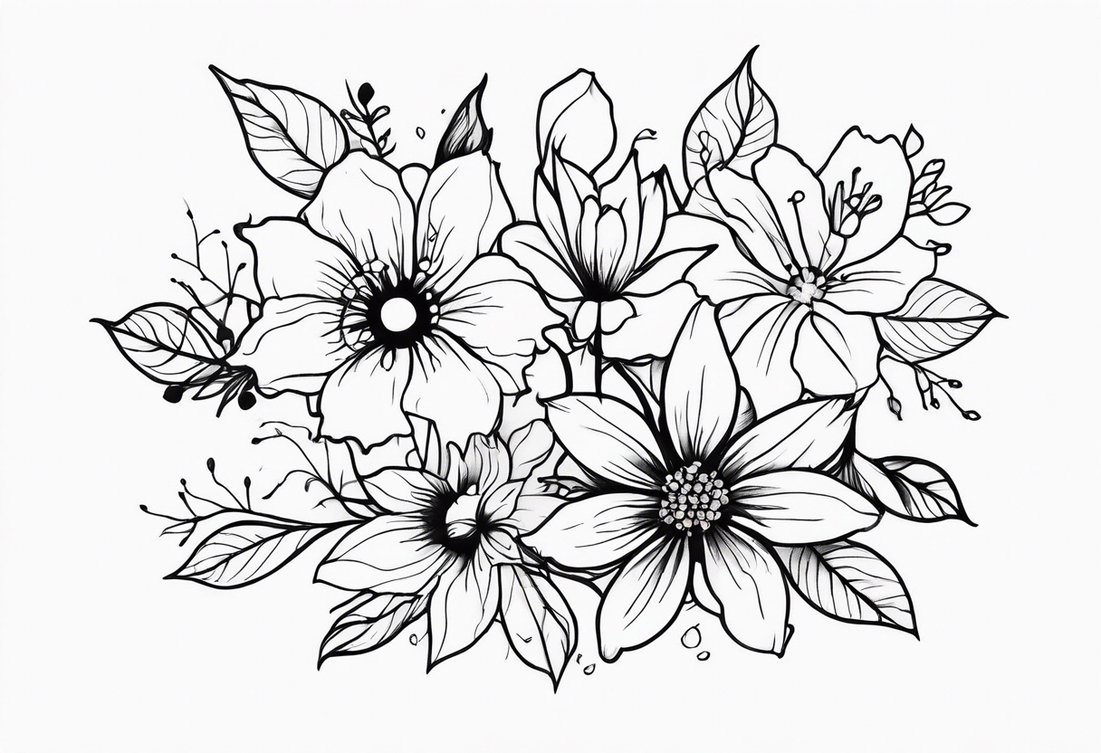 A black and white small damaged neuron with color florals tattoo idea