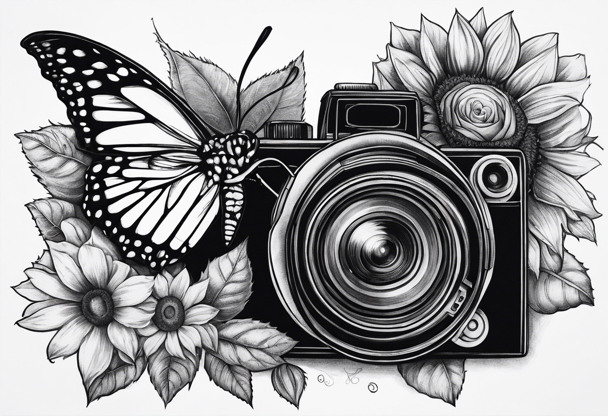 Butterfly, sunflower, camera, book,  flower rose tattoo idea