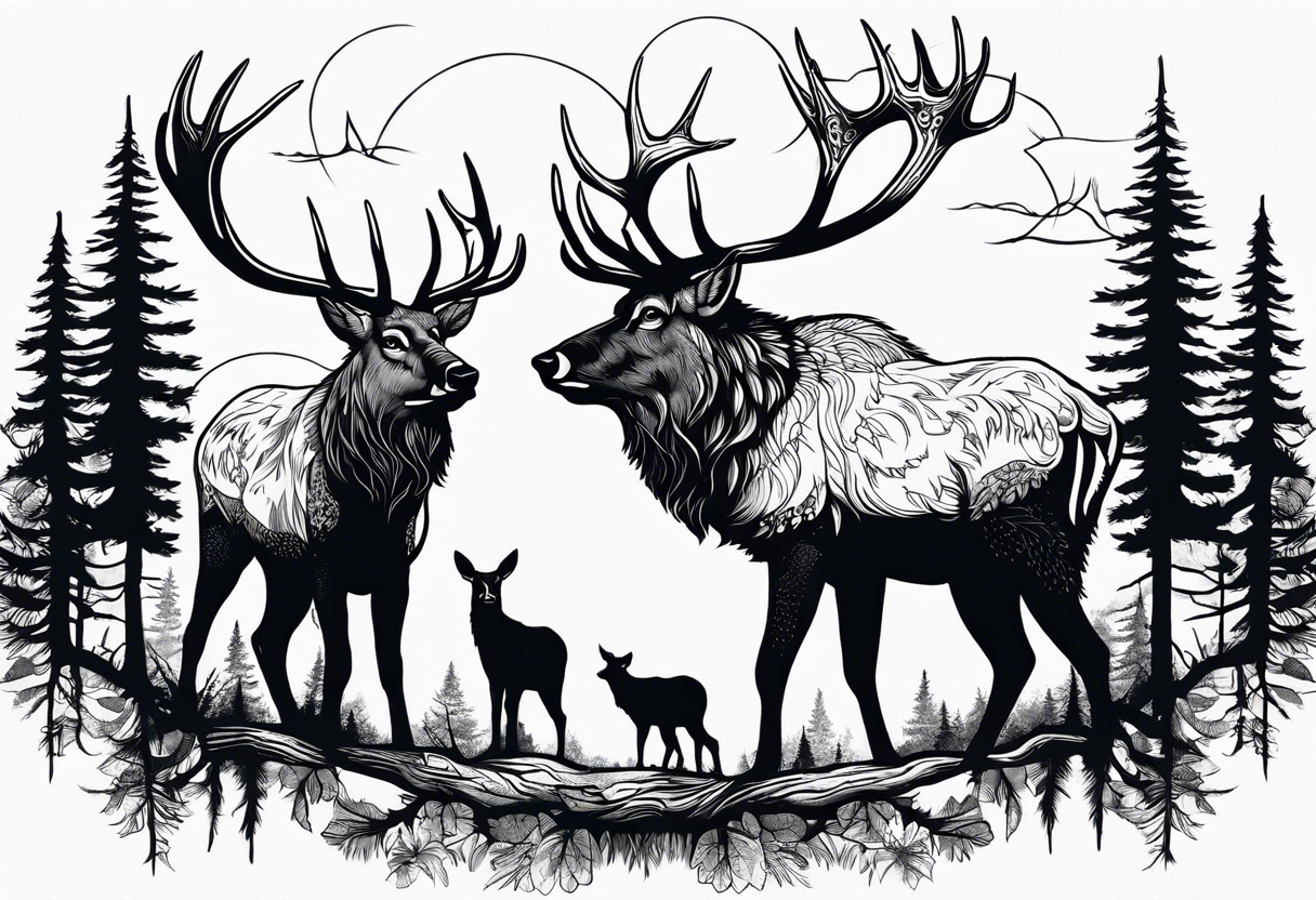 Make a tattoo of two norwegian elkounds standing in a forest. Make it a nordic themed tattoo tattoo idea