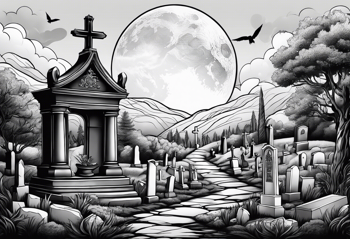 Cemetery on hills with smoke and moon tattoo idea