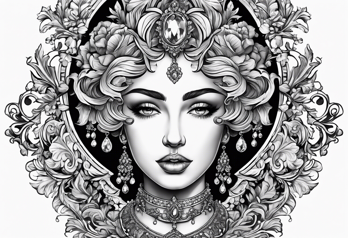 baroque vector on my neck going down & across my shoulders with a gem in the middle of my neck tattoo idea