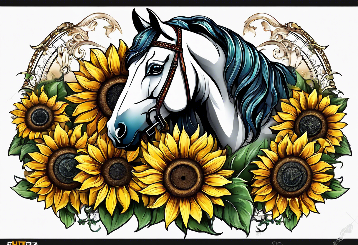 Horse, compass, sunflower tattoo idea