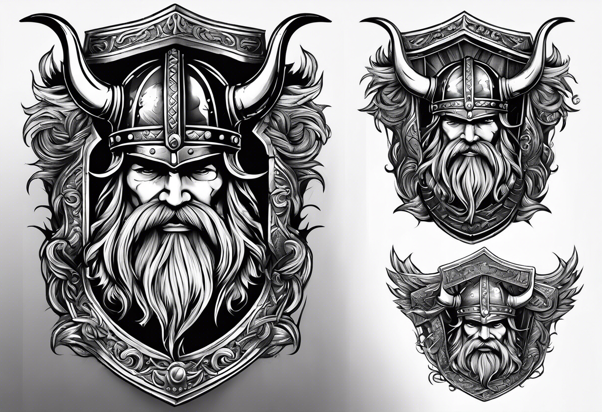 cool viking themed sleave on whole right arm ship axe shield tattoo idea