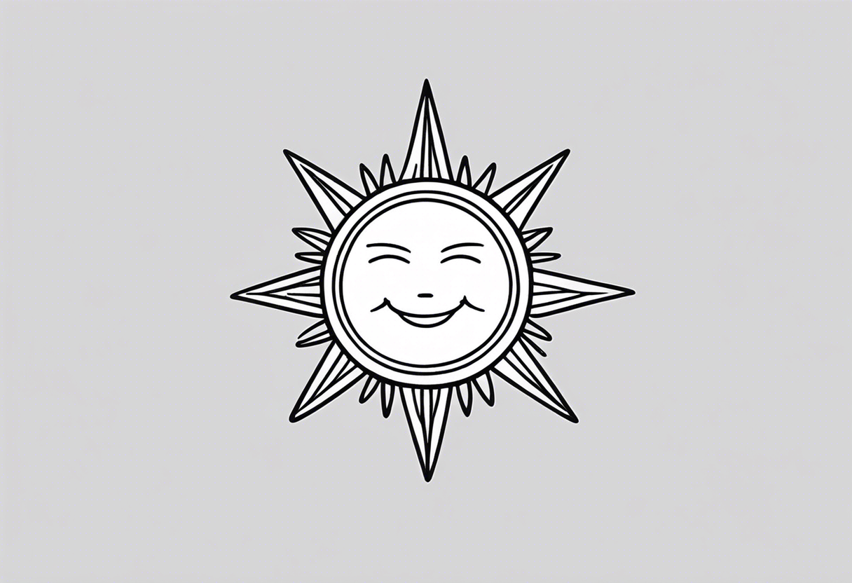 black tiny simple sun. a circle with simple strings. tiny smiley in the sun. thin lines. tattoo idea