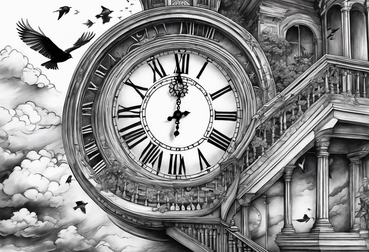 Stairway leading to broken clock, birds in the background in clouds and other cool stuff tattoo idea