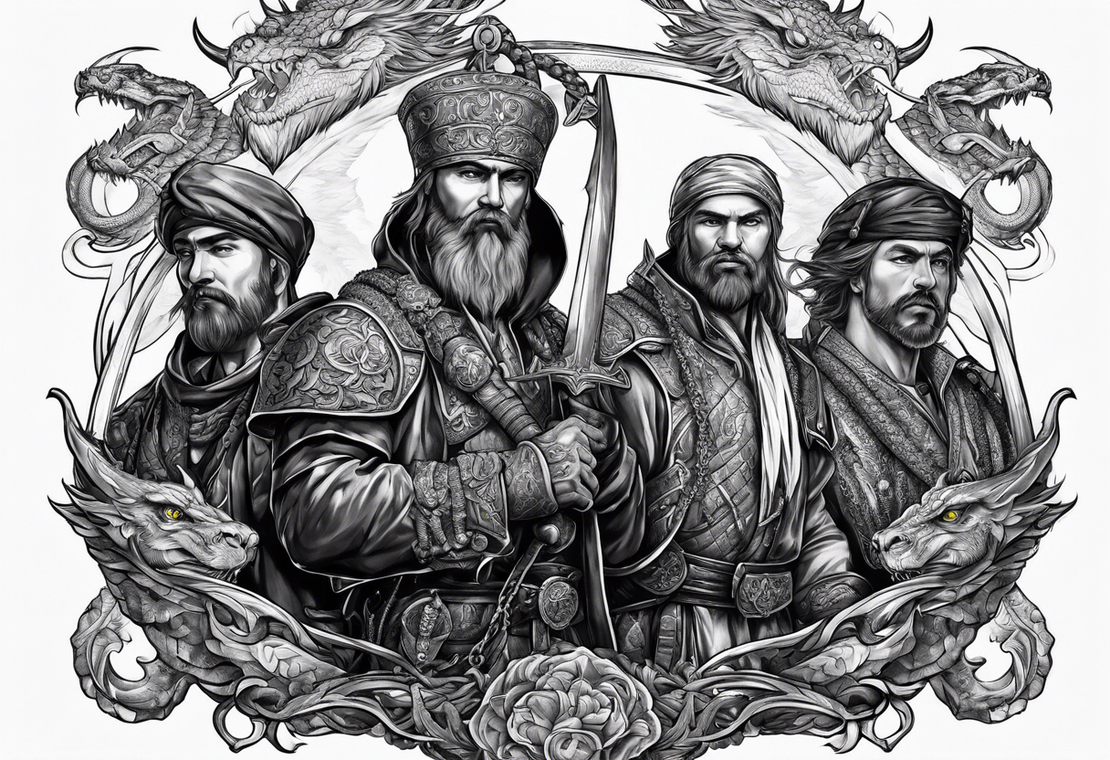 Three Russian heroes holding a dragon on a chain tattoo idea