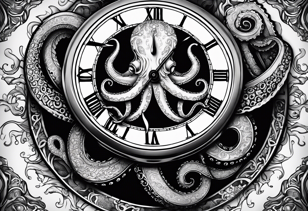 pocket watch wrapped under an aggressive octopus, sideways tattoo idea