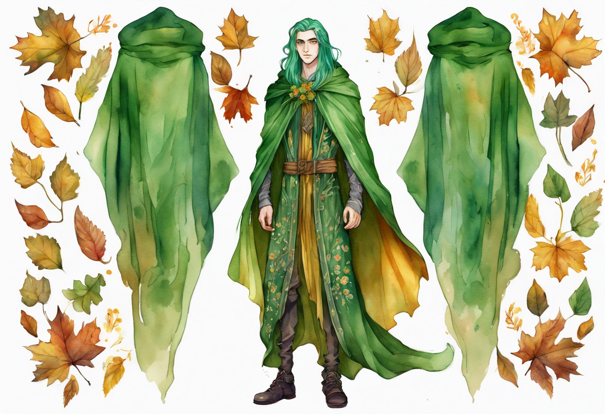 A tall, beautiful 19 year old man with autumn leaves in his long green hair, green skin. Wearing a golden medieval cloak covered with flowers. tattoo idea