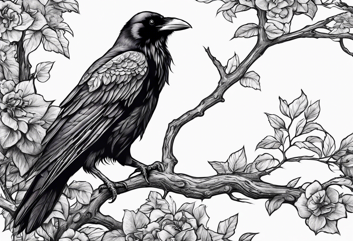 raven perched on branch tattoo idea