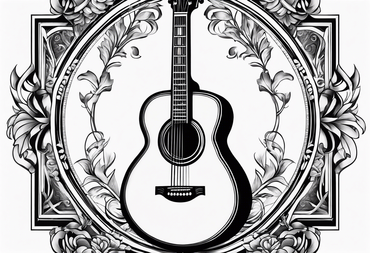 detailed christian cross with acoustic guitar tattoo idea