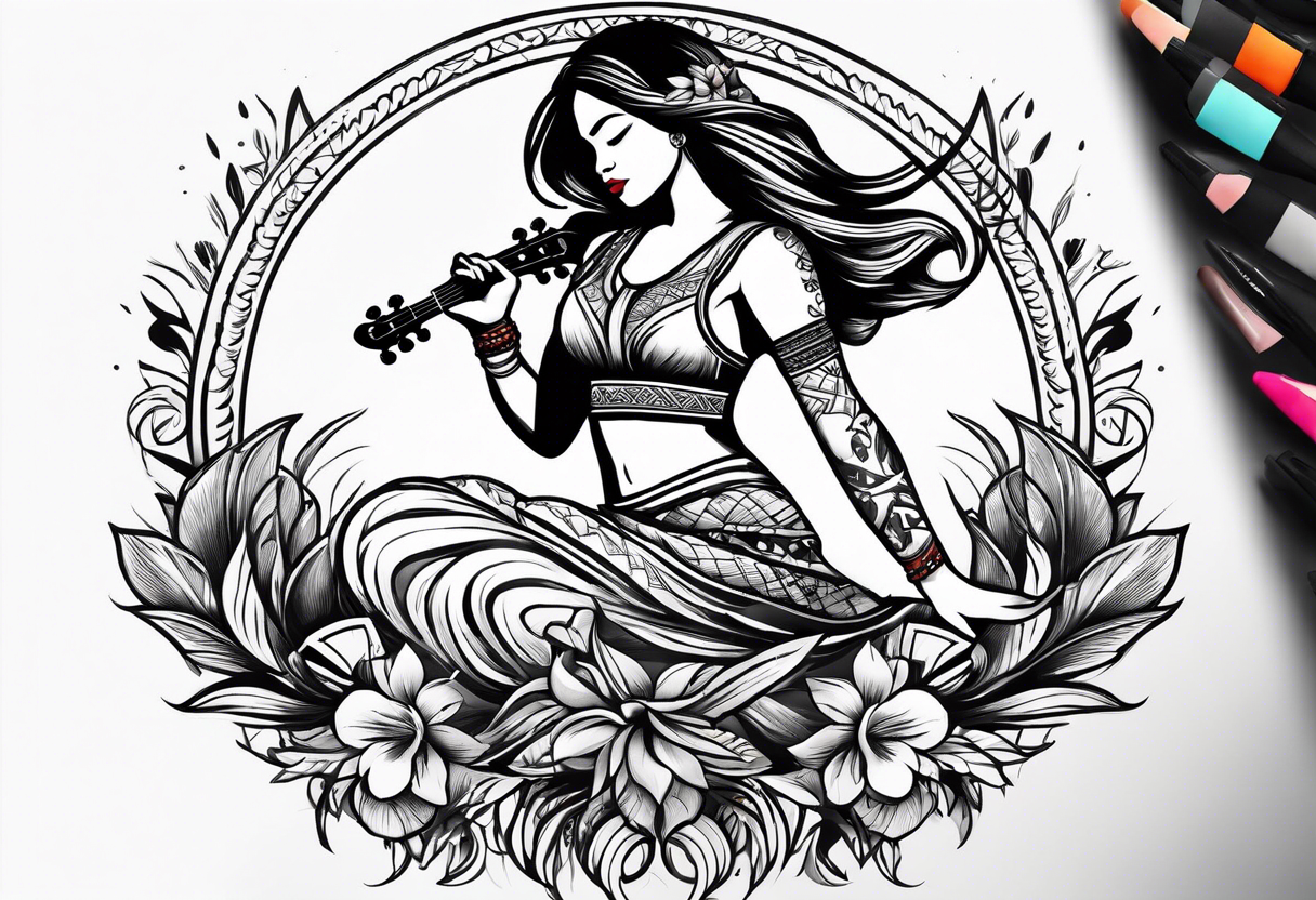 entire hula plynesian girl squating and dance with ukulele tattoo idea