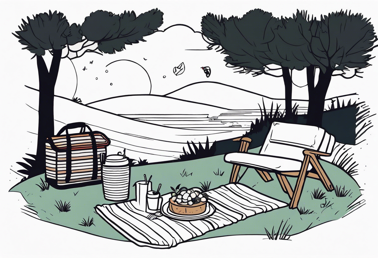 Very fine-lined minimalstic picnic scene in nature. A blanket on the ground with one picnic-basket with lid, one backpack, pillows and party tennants in the trees. tattoo idea