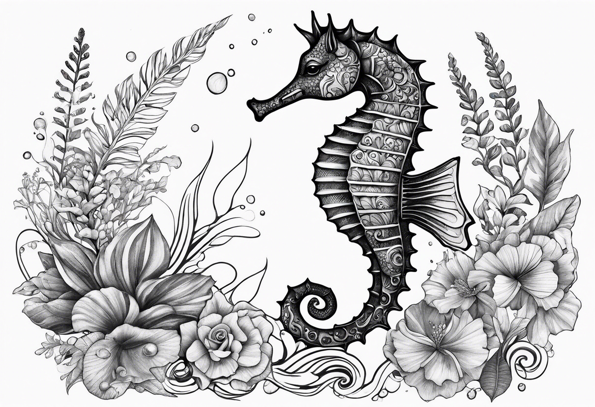 Seahorse in ocean arm tattoo with plants and sea life tattoo idea