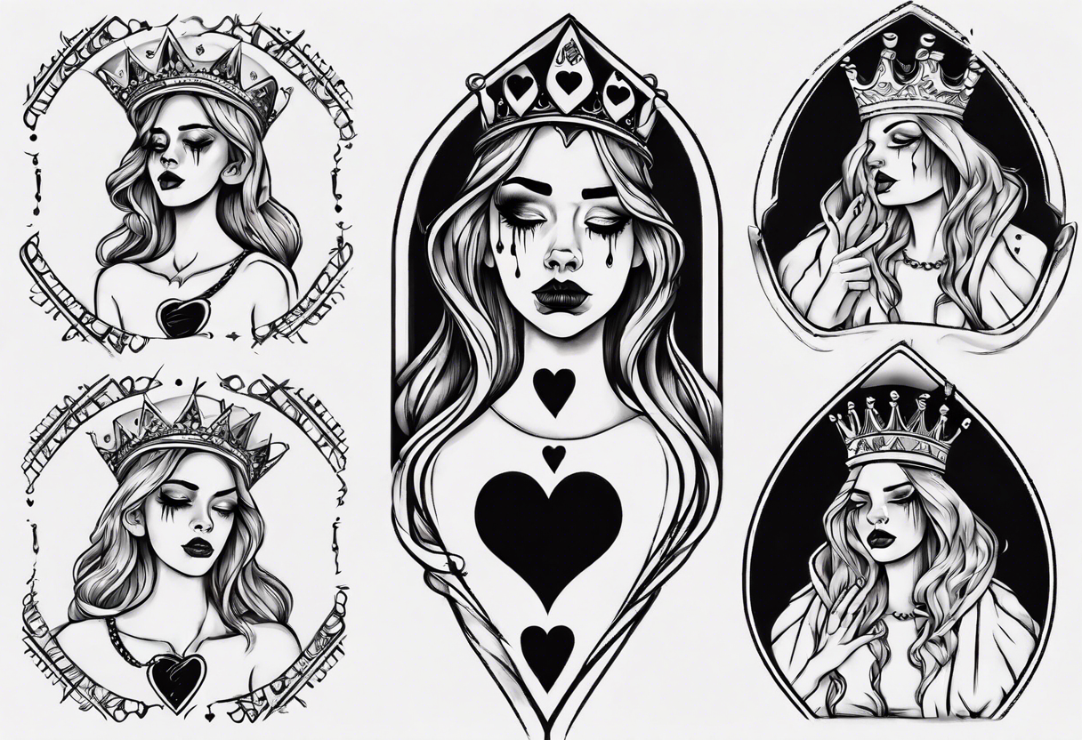 simple queen of hearts crying black tears, with blank eyes tattoo idea