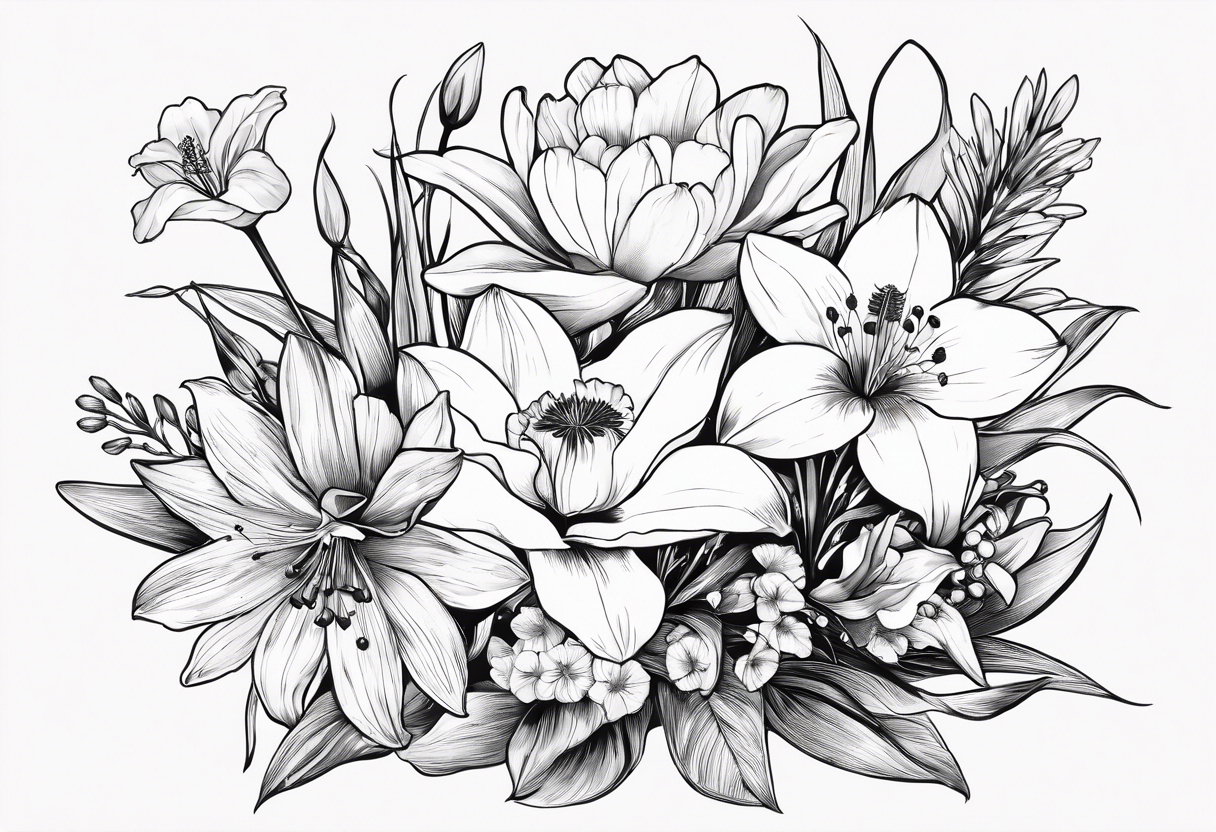 A mid sized line work bouquet of flowers with a water lily, gladiolus, poppy, lily of the valley, daffodil, and a honey suckle. With long stems and tied with a bow tattoo idea