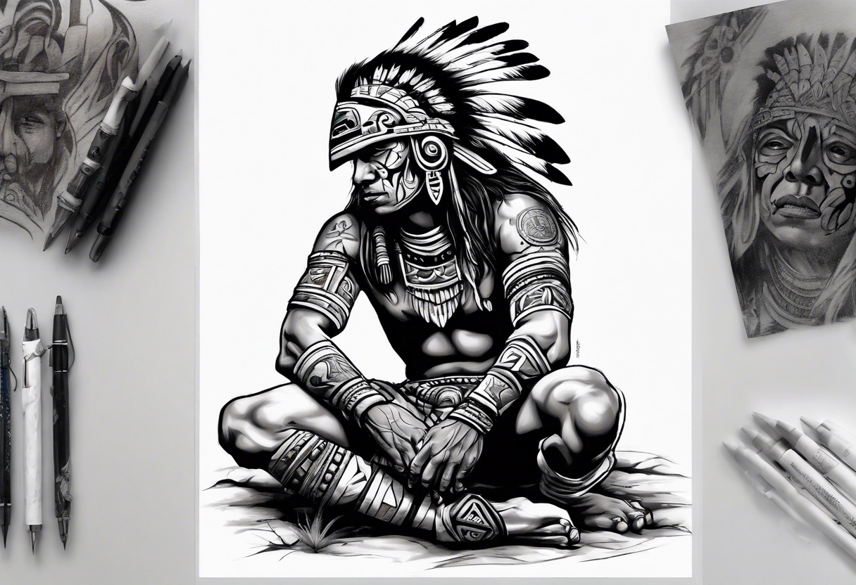 a heartbroken, tired, aztec warrior seeking peace after fighting for decades kneeling under the moonlight looking up to the sky tattoo idea