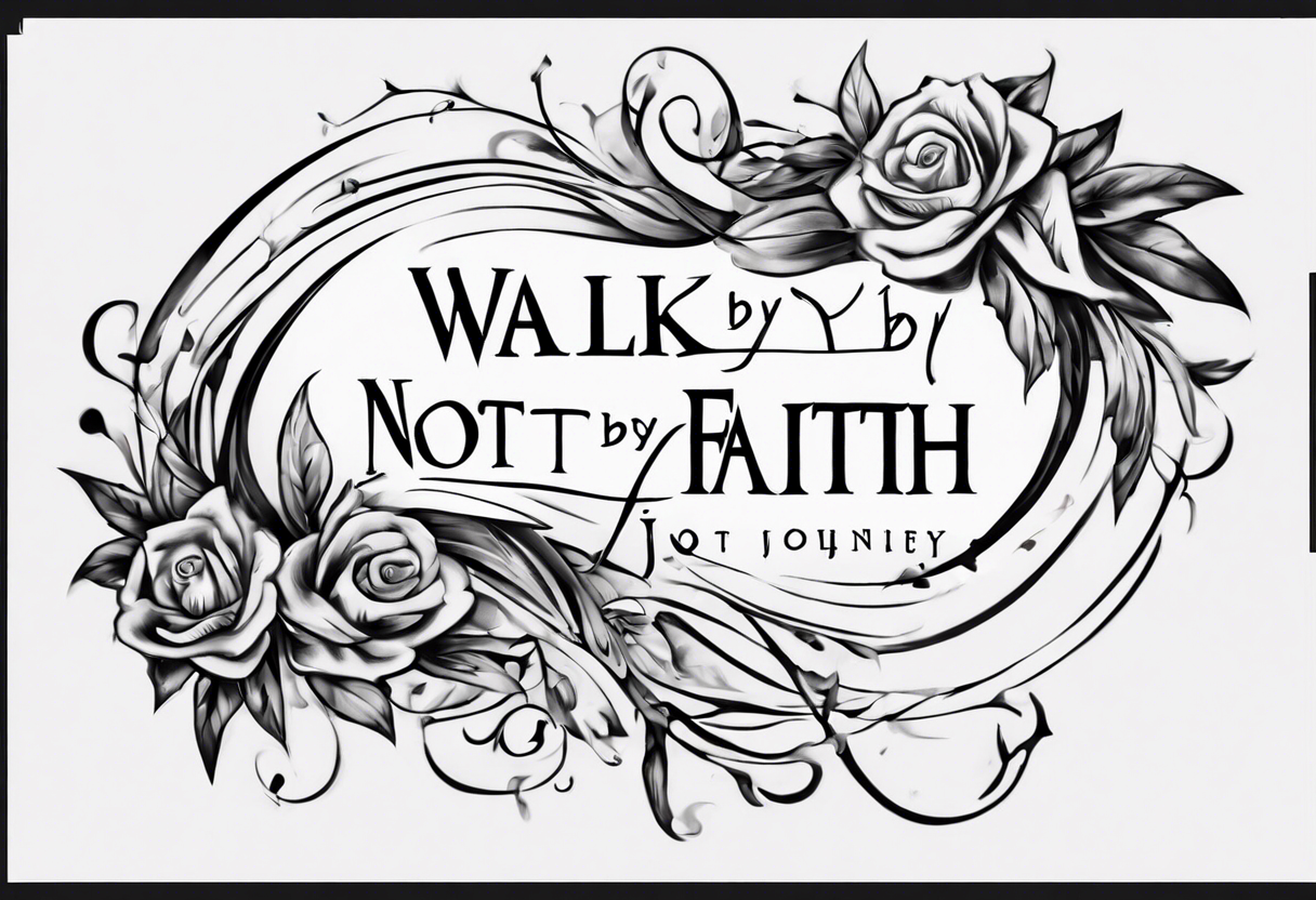 Horizontal inner bicep tattoo. “walk by faith, not by sight” stairwell wrapping around the quote. This design captures the essence of the journey guided by faith. tattoo idea