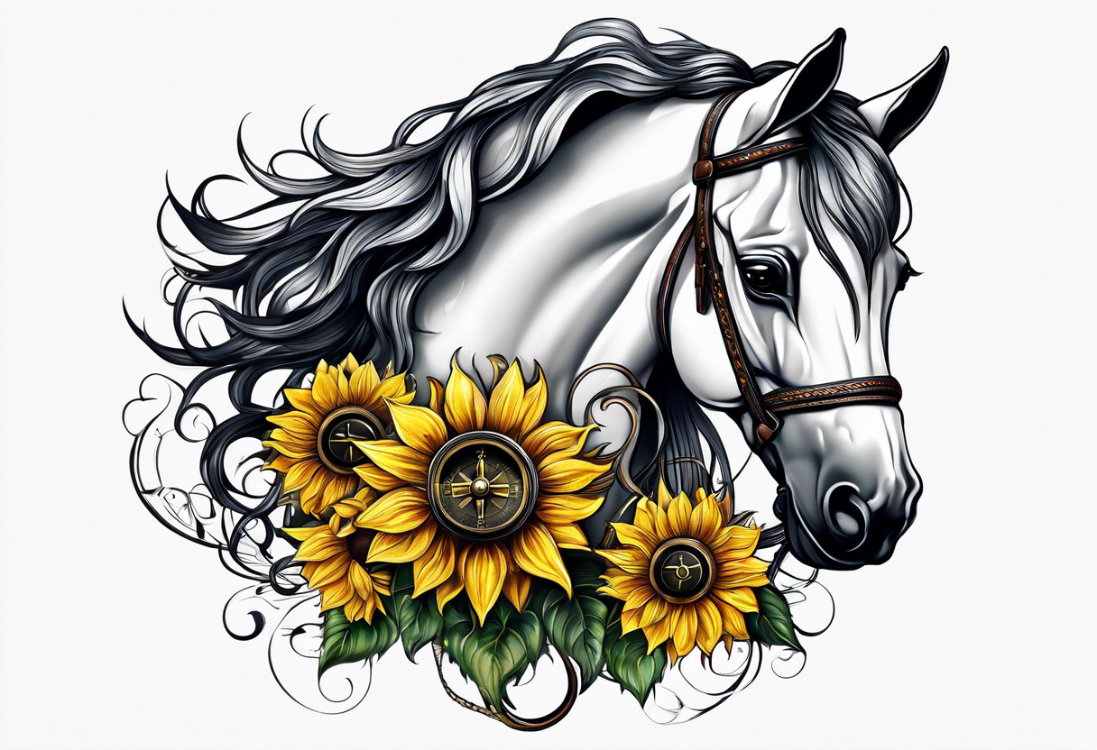 Horse, compass, sunflower tattoo idea