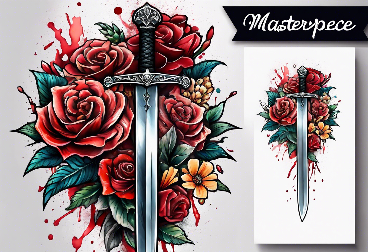 Bloody sword and flowers tattoo idea