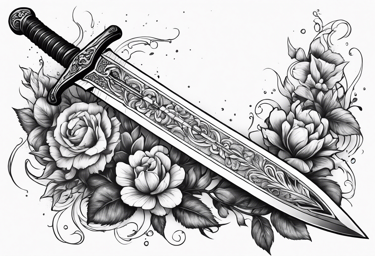 Bloody sword dripping onto flowers tattoo idea