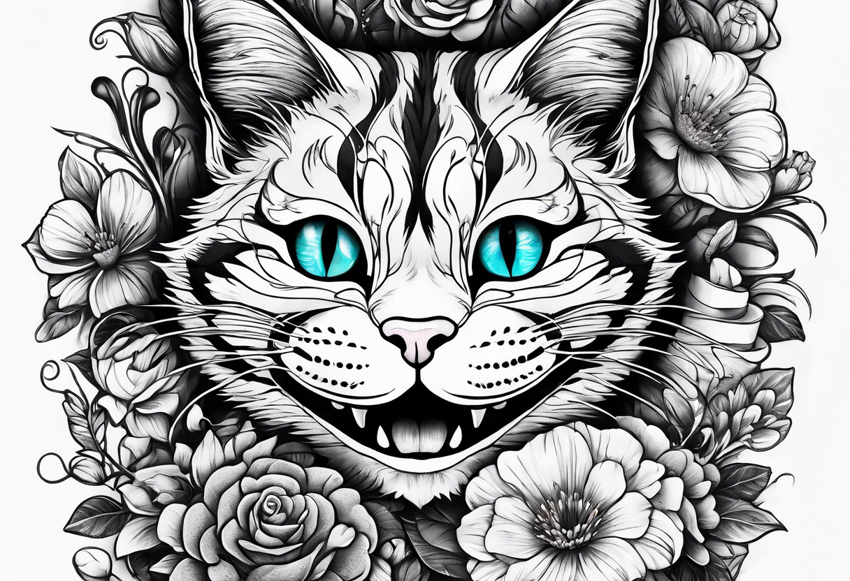 cheshire cat in wonderland among flowers made of candy and glass butterflies tattoo idea