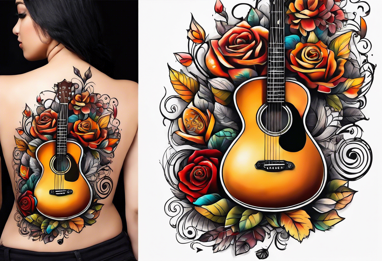 thigh tattoo with fall colors, music notation, flowers, roses and a guitar tattoo idea